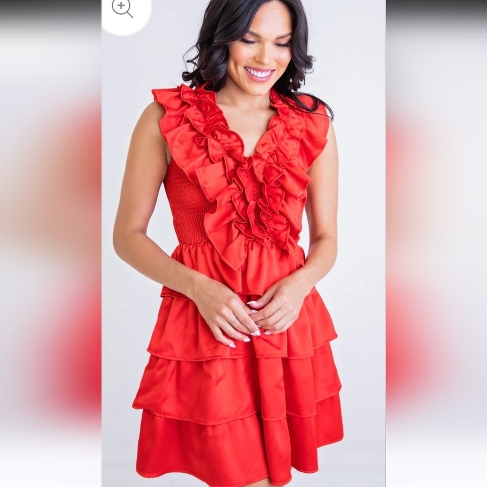 KARLIE Satin Ruffle Smock Dress in Red. Size  M NWOT